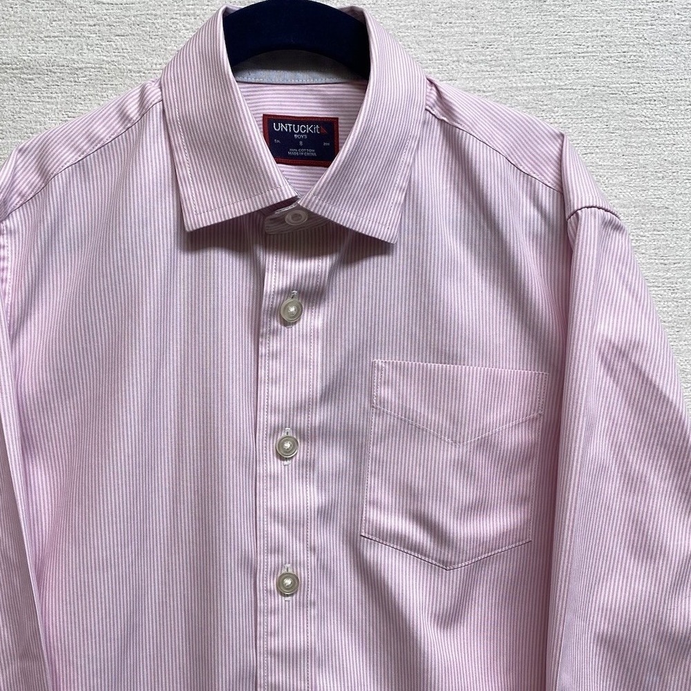 UNTUCKit Button Down Shirt Boys 8 Pink White‎ Stripe Pio Cesare Long Sleeve